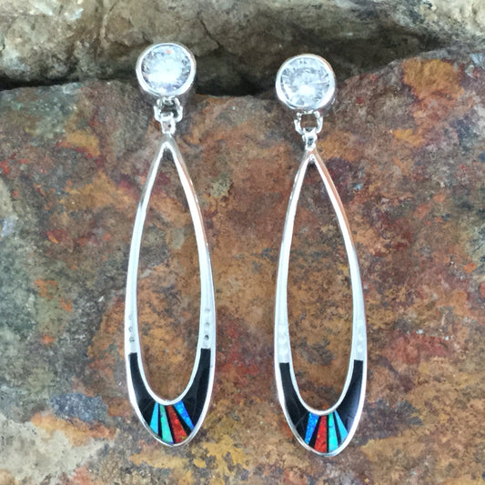 David Rosales Red Moon Inlaid Sterling Silver Earrings w/ Cubic Zirconia