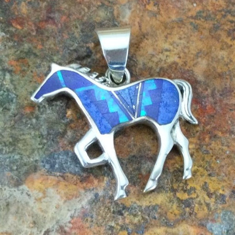David Rosales Blue Sky Fancy Inlaid Sterling Silver Pendant Horse