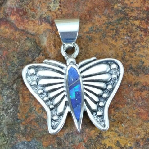 David Rosales Blue Sky Fancy Inlaid Sterling Silver Pendant Butterfly