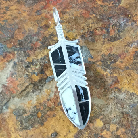 David Rosales White Buffalo Inlaid Sterling Pendant Feather
