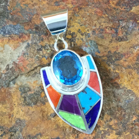 David Rosales Indian Summer Inlaid Sterling Silver Pendant w/ Blue Topaz