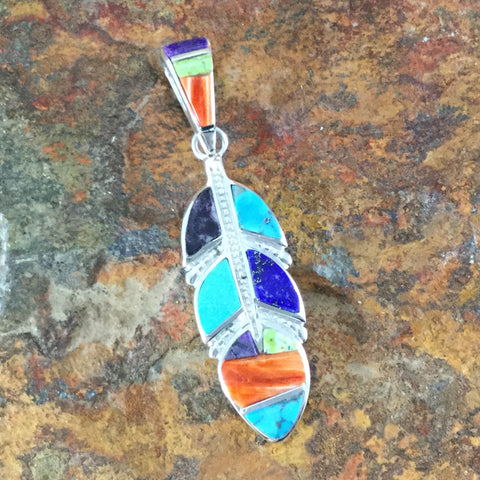 David Rosales Indian Summer Inlaid Sterling Silver Pendant Feather