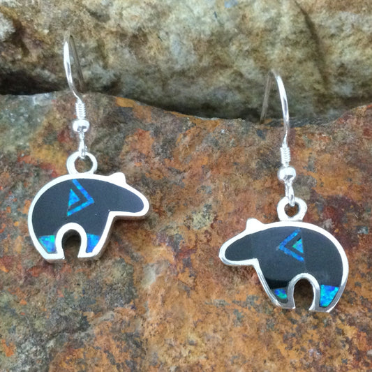 David Rosales Black Beauty Fancy Inlaid Sterling Silver Earrings Bears