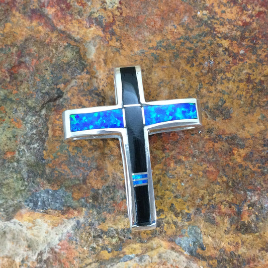 David Rosales Black Beauty Inlaid Sterling Silver Pendant Cross