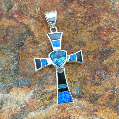 David Rosales Black Beauty Inlaid Sterling Silver Pendant Cross w/ Blue Topaz