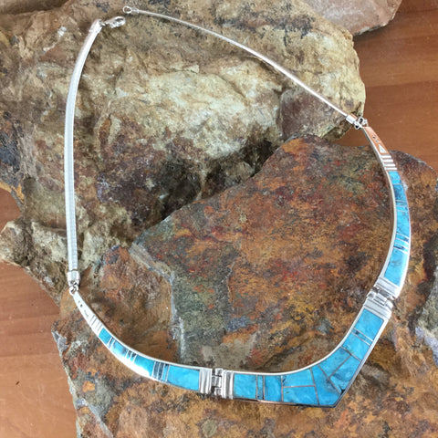 David Rosales Morenci Turquoise Inlaid Sterling Silver Necklace