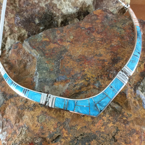 David Rosales Morenci Turquoise Inlaid Sterling Silver Necklace
