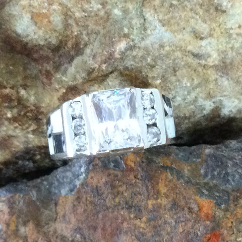 David Rosales White Buffalo Inlaid Sterling Silver Ring Cubic Zirconia