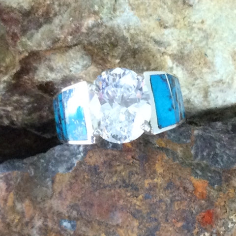 David Rosales Western Skies Inlaid Sterling Silver Ring w/ Cubic Zirconia