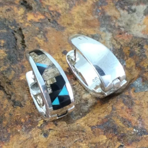 David Rosales Turquoise Creek Fancy Inlaid Sterling Silver Huggie Earrings