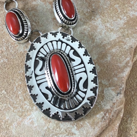 20" Sterling Silver & Red Coral Necklace by Leonard Nez