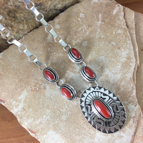 20" Sterling Silver & Red Coral Necklace by Leonard Nez
