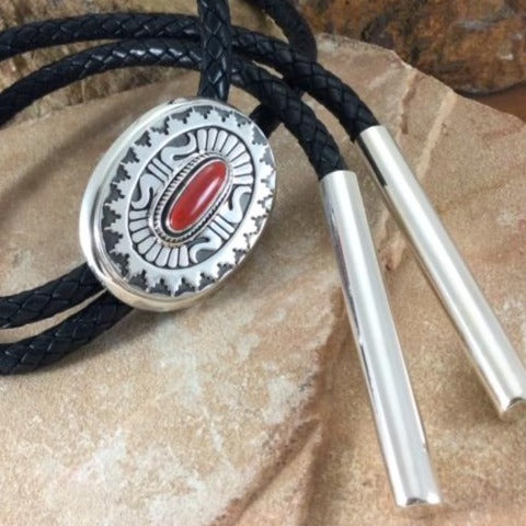 Red Coral Sterling Silver Leather Bolo Tie by Leonard Nez