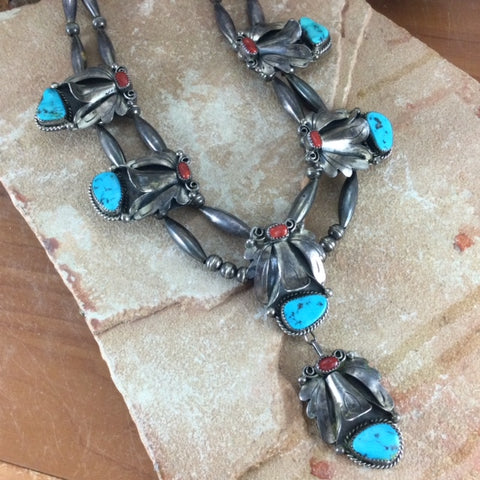 Vintage Turquoise & Red Coral Butterfly Squash Style Necklace- Estate Jewelry