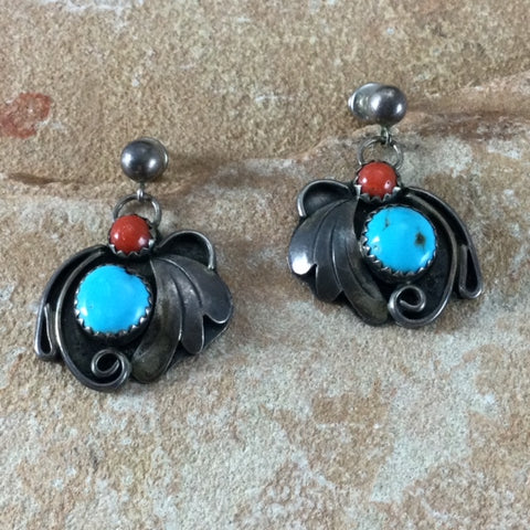 Vintage Turquoise & Red Coral Silver Earrings - Estate Jewelry
