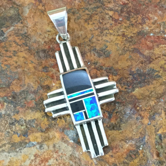 David Rosales Black Beauty Inlaid Sterling Silver Pendant Cross