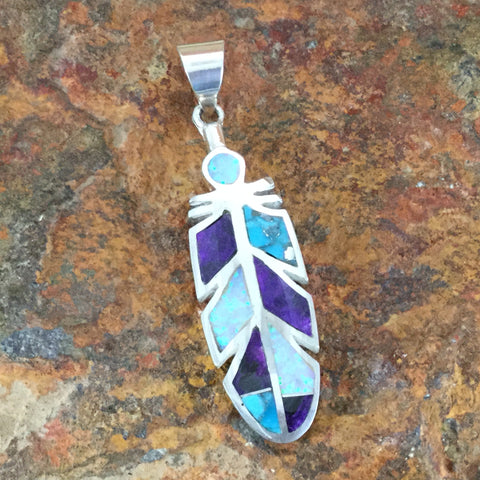 David Rosales Shalako Inlaid Sterling Silver Pendant Feather