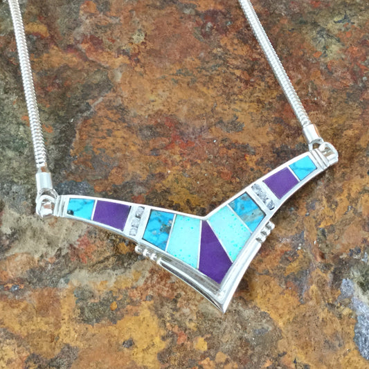 David Rosales Shalako Inlaid Sterling Silver Necklace w Cubic Zirconia