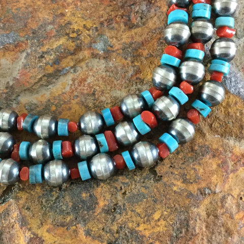 18" Three-Strand Kingman Turquoise, Coral & Sterling Silver Beaded Necklace