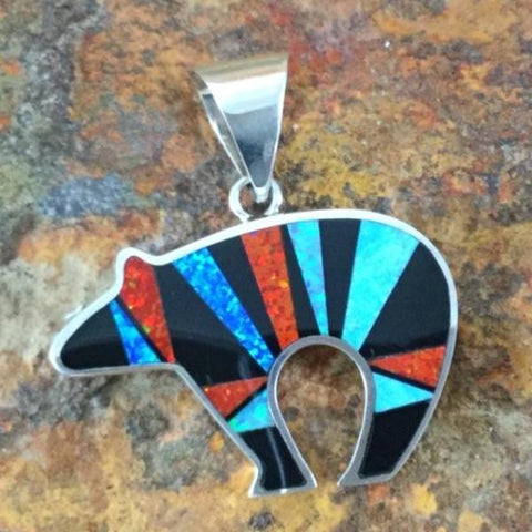 David Rosales Red Moon Inlaid Sterling Silver Pendant Bear