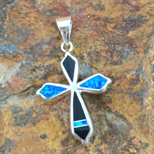 David Rosales Black Beauty Inlaid Sterling Silver Pendant Cross