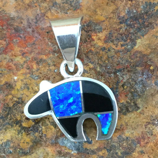 David Rosales Black Beauty Inlaid Sterling Silver Pendant Bear