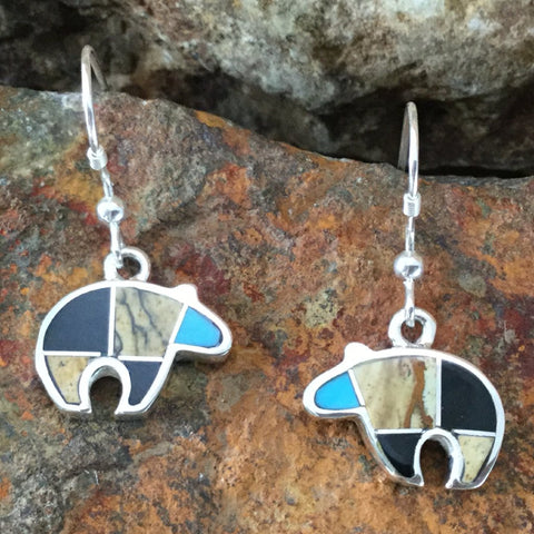 David Rosales Turquoise Creek Inlaid Sterling Silver Earrings Bears