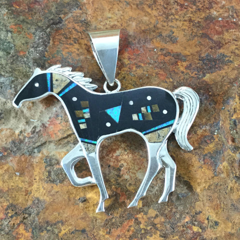 David Rosales Turquoise Creek Fancy Inlaid Sterling Silver Pendant Horse