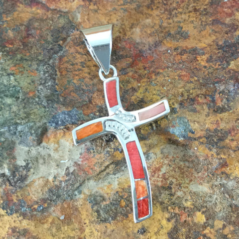 David Rosales Desert Fire Inlaid Sterling Silver Pendant Cross