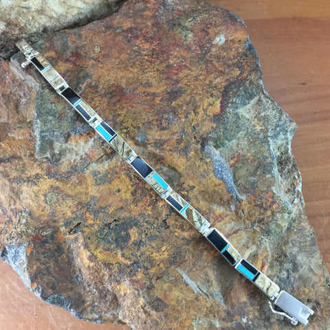 David Rosales Turquoise Creek Inlaid Sterling Silver Big Link Bracelet