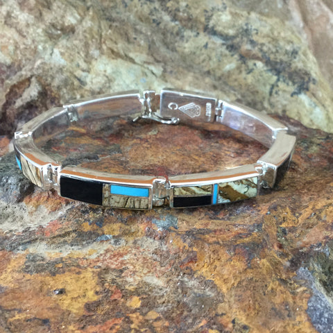 David Rosales Turquoise Creek Inlaid Sterling Silver Big Link Bracelet