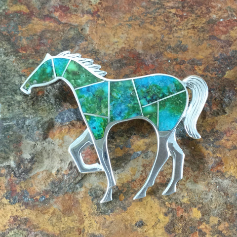 David Rosales Sonoran Gold Turquoise Inlaid Sterling Silver Pin Horse