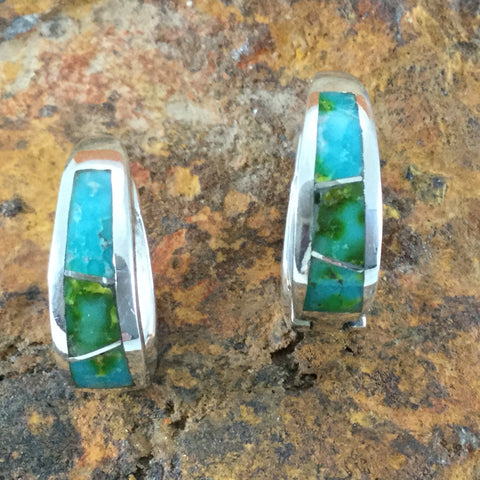 David Rosales Sonoran Gold Turquoise Inlaid Sterling Silver Earrings Huggie 