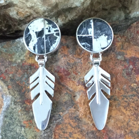 David Rosales White Buffalo Inlaid Sterling Silver Earrings Feathers
