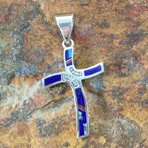 David Rosales Ceremonial Inlaid Sterling Silver Pendant Cross