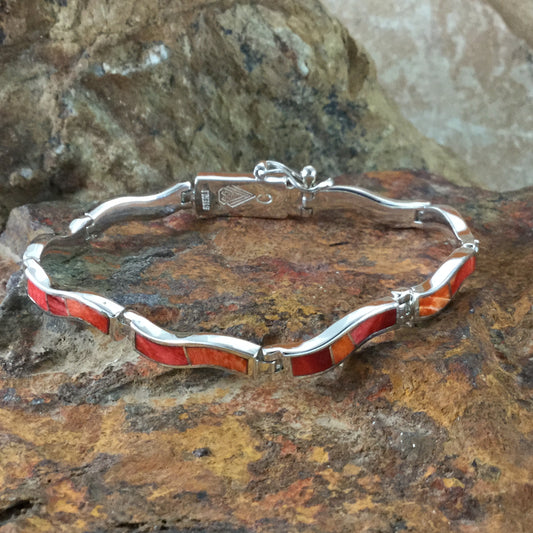 David Rosales Desert Fire Inlaid Sterling Silver Wavy Link Bracelet