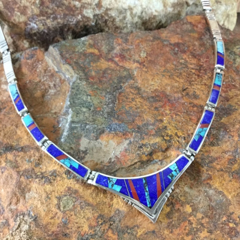 David Rosales Ceremonial Inlaid Sterling Silver Necklace