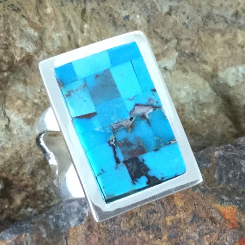 Tommy Jackson Bisbee Turquoise Inlaid Sterling Silver Ring - Size 9.5