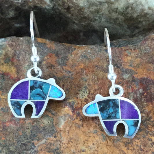 David Rosales Shalako Inlaid Sterling Silver Earrings Bears