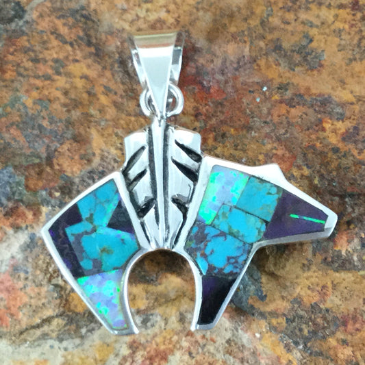David Rosales Shalako Fancy Inlaid Sterling Silver Pendant Bear