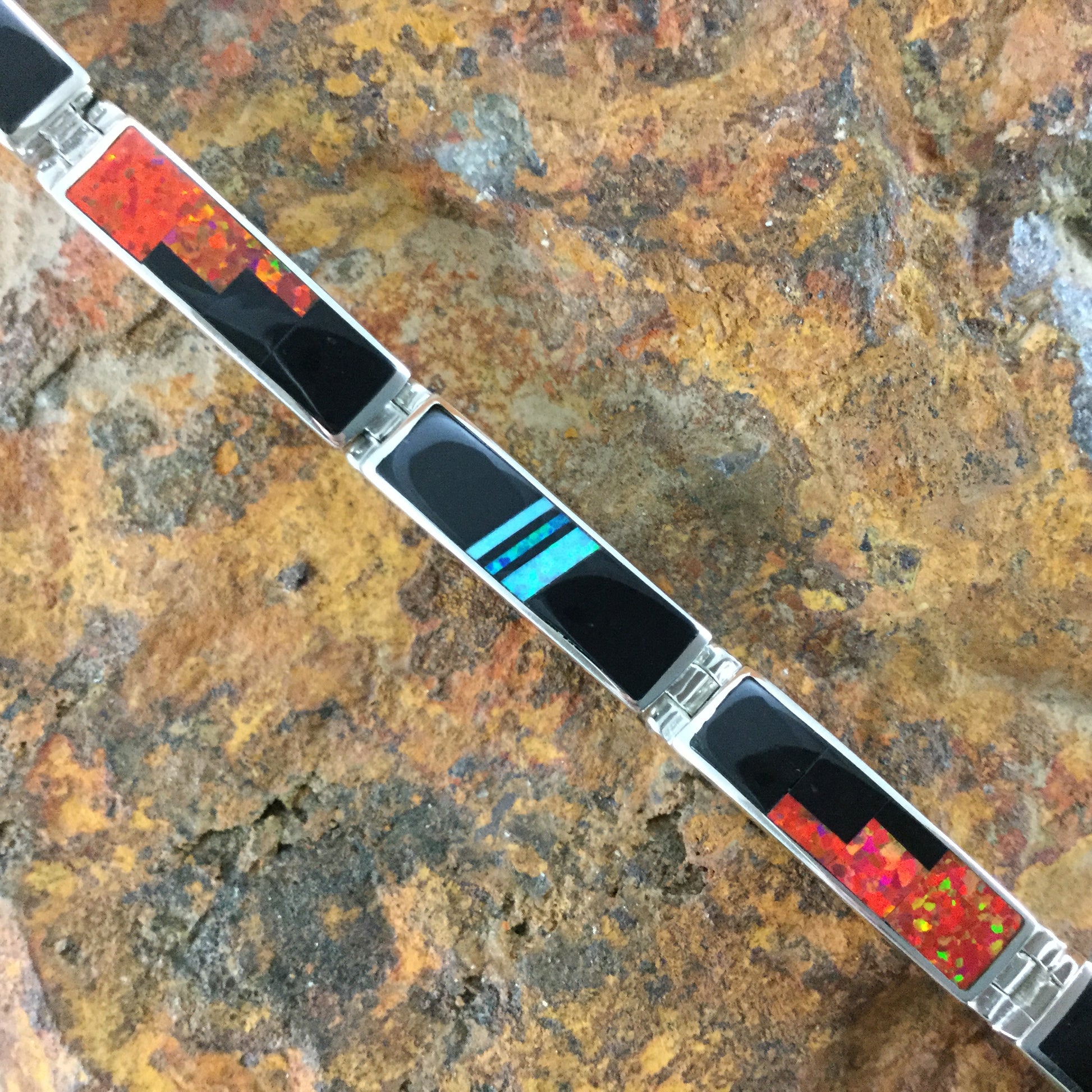David Rosales Red Moon Fancy Inlaid Sterling Silver Big Link Bracelet