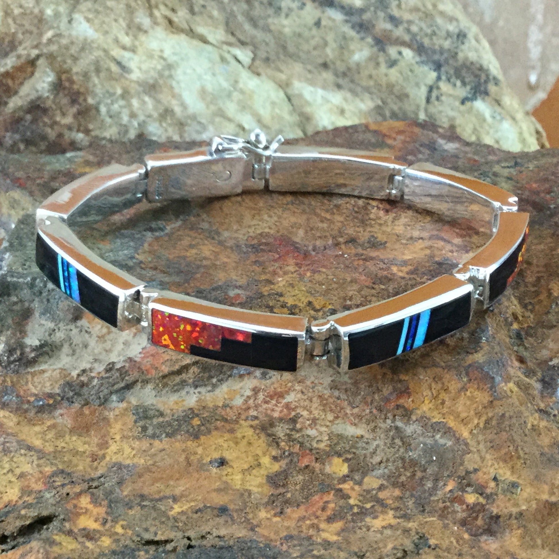 David Rosales Red Moon Fancy Inlaid Sterling Silver Big Link Bracelet