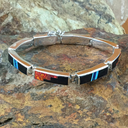 David Rosales Red Moon Fancy Inlaid Sterling Silver Big Link Bracelet