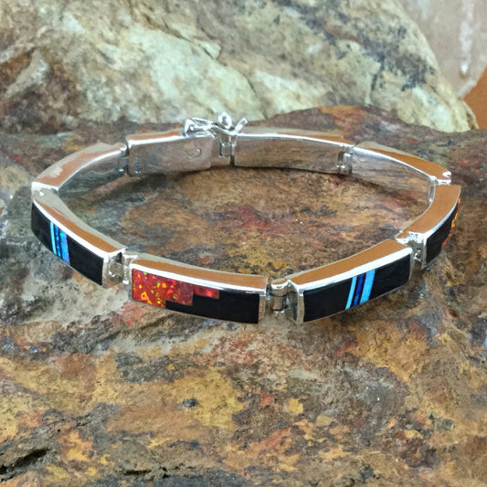 David Rosales Red Moon Fancy Inlaid Sterling Silver Big Link Bracelet