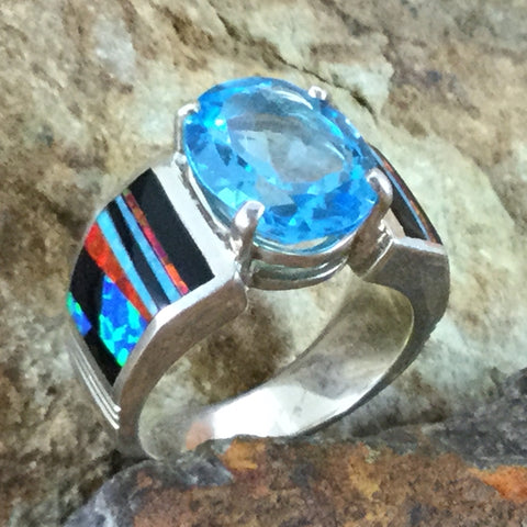 David Rosales Red Moon Inlaid Sterling Silver Ring w/ Blue Topaz