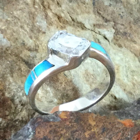 David Rosales Arizona Blue Inlaid Sterling Silver Ring Cubic Zirconia